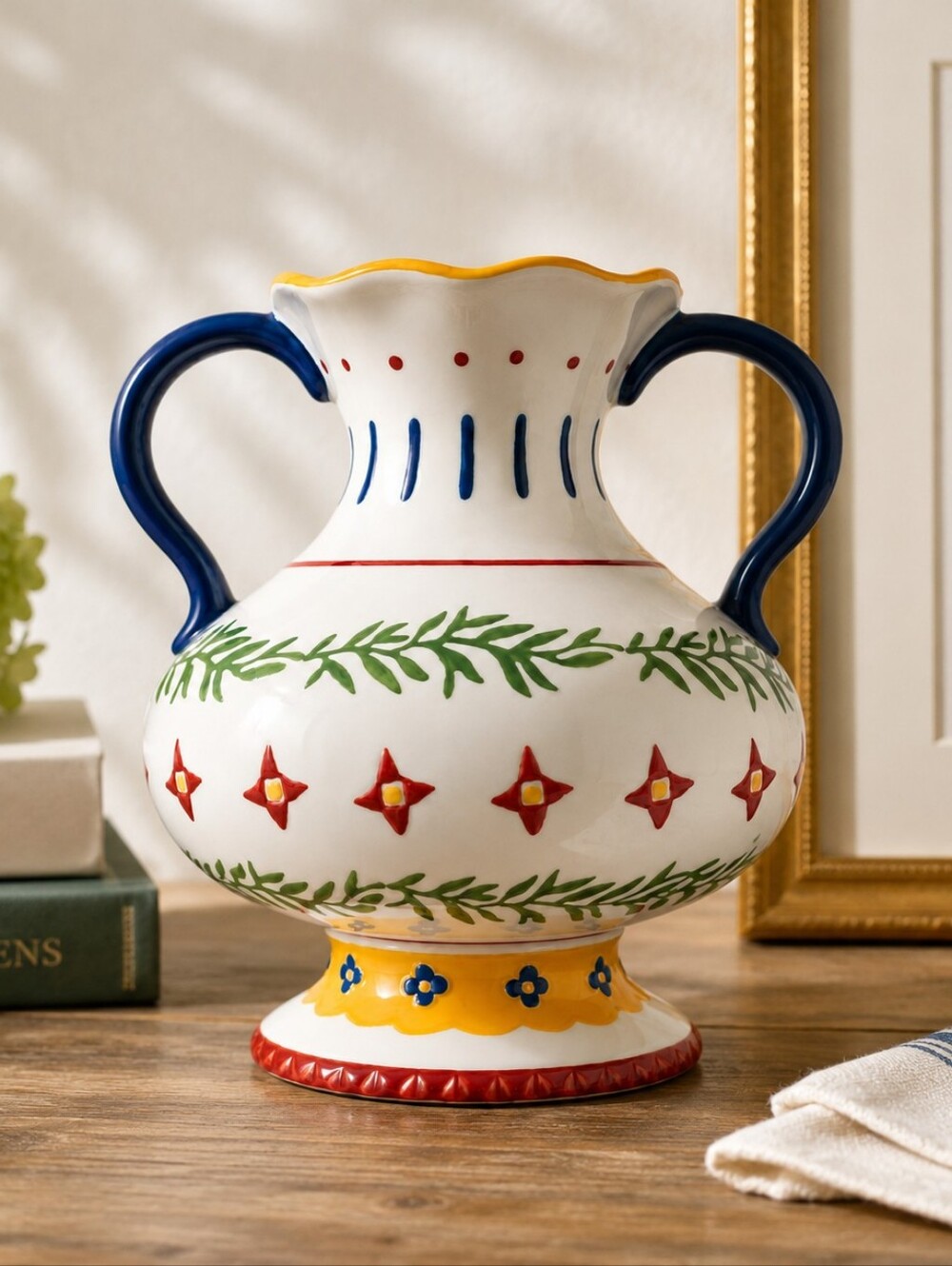 Threshold White Ceramic Vase with Green Leaf and Red Trim